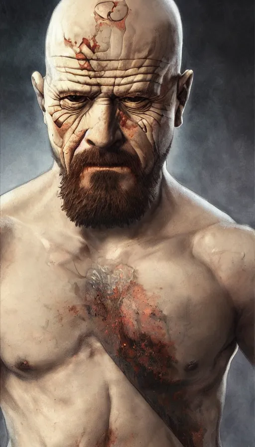 Image similar to Heisenberg as Kratos, highly detailed, digital painting, artstation, concept art, smooth, sharp focus, illustration, ArtStation, art by artgerm and greg rutkowski and alphonse mucha and J. C. Leyendecker and Edmund Blair Leighton and Katsuhiro Otomo and Geof Darrow and Phil hale and Ashley wood and Ilya repin and Charlie Bowater