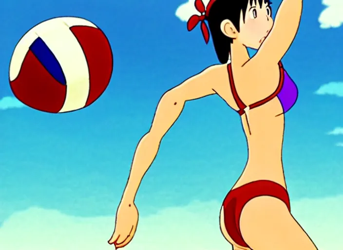Image similar to an animation still of beautiful bikini volleyball player, in the style of studio ghibli, netflix animation, toei animation, filmation animation, traditional animation, sharp detail, animation cel