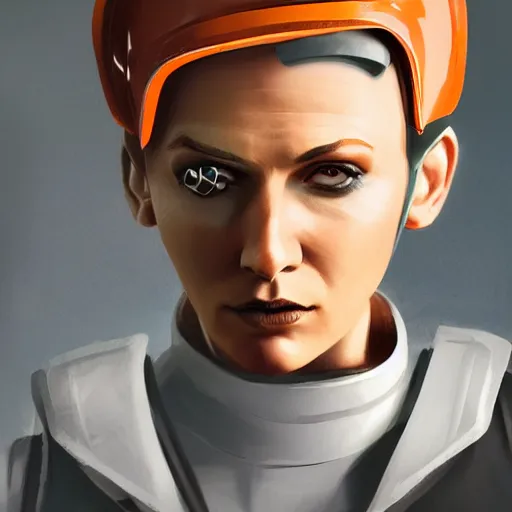 Prompt: character concept art of heroic stoic emotionless butch blond handsome woman engineer with very short slicked - back butch hair, narrow eyes, wearing atompunk jumpsuit, orange safety vest, retrofuture, highly detailed, science fiction, illustration, oil painting, realistic, lifelike, pulp sci fi, cinematic