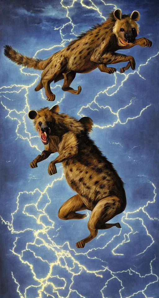 Prompt: bosch oil painting of a giant hyena made of electricity, leaping through the sky, apocalyptic