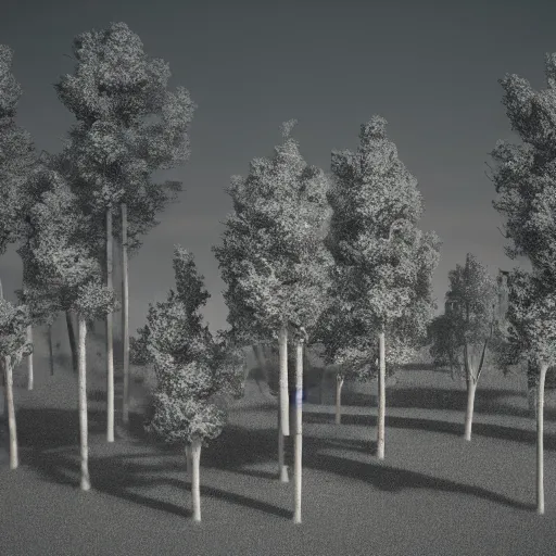 Image similar to trees on the hill with no shadows, without shadows, 3 d render, weird, dreamcore, dream fever, detailed