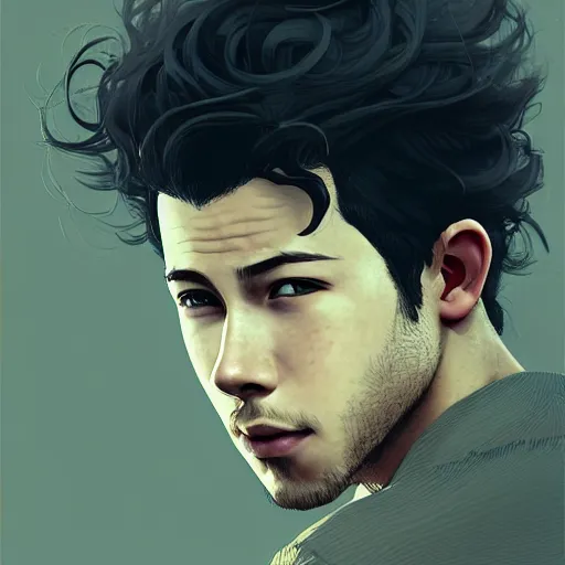 Image similar to Portrait of man with Nick Jonas's Tousled Curls type hair and Javanese-type skin, atmospheric lighting, intricate detail, cgsociety, ambient light, dynamic lighting, anime style by Yusuke Kozaki