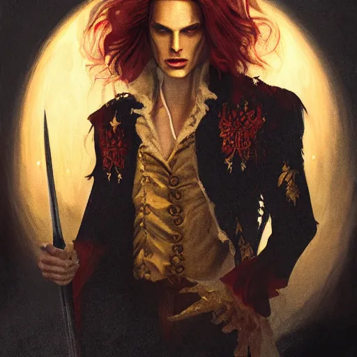 Image similar to majestic gracious regal aristocratic male vampire lestat de lioncourt portrait, atmospheric lighting, painted, menacing, intricate, volumetric lighting, beautiful, rich deep colours masterpiece, golden hour, sharp focus, ultra detailed, by leesha hannigan, ross tran, thierry doizon, kai carpenter, ignacio fernandez rios