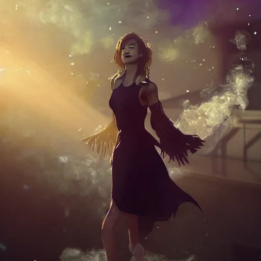 Image similar to Katherine Hahn, character is in all its glory, character is in her natural relaxed pose,dramatic lighting, rim lights, particles and air smoke in the air, fancy clouds, highly detailed professional photo, dynamic lights, particles are flying, depth of field, trending on artstation, illustration, hyper realistic, vray caustics, super detailed, colorful accents, cinematic shot his suit is made of silk flowing all around, full dress of lava showcase , cinematic lighting atmospheric realistic octane render highly detailed in he style of craig mullins, full hd render + 3d octane render + unreal engine 5 + Redshift Render + Cinema4D + C4D + Rendered in Houdini + Houdini-Render + Blender Render + Cycles Render + OptiX-Render + Povray + Vray + CryEngine + LuxCoreRender + MentalRay-Render + Raylectron + Infini-D-Render + Zbrush + DirectX + Terragen + Autodesk 3ds Max + After Effects + 4k UHD + immense detail + interdimensional lightning + studio quality + enhanced quality