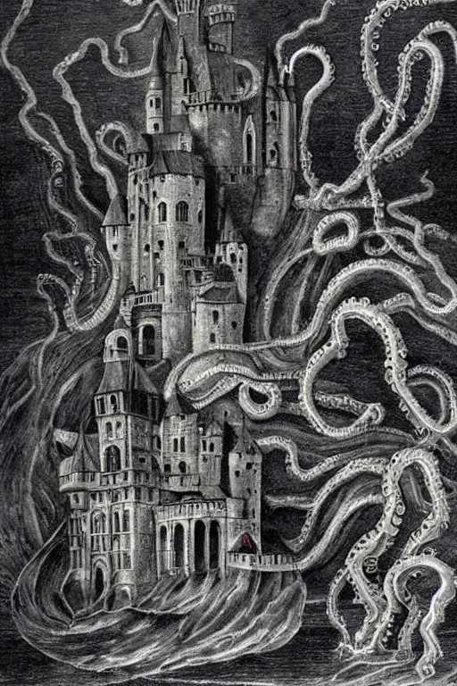 Prompt: lovecraftian, style of Bosch, castle, storm, architecture