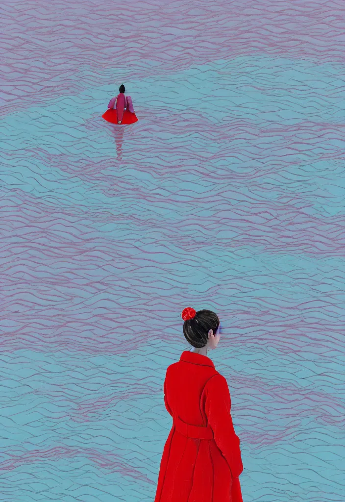 Image similar to wide shot rear view slr camera photographer woman hair in a bun kanzashi long red pattern coat backpack sneakers looking out over a placid lake, a character design painting, in the style of wes anderson, lola dupre, david hockney, isolated on negative white space background dark monochrome neon fluorescent spraypaint accents volumetric octane render, no double