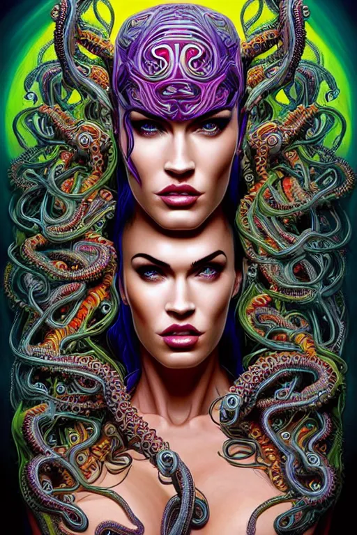 Prompt: Portrait of Megan Fox wearing epic bionic tentacles cyborg implants of different vibrant colors, detailed intricate ornate tentacles connected to head, portrait front face reference, by Dan Mumford and Naoto Hattori, extremely beautiful and proportionate, masterpiece, a sense of sensuality, intricate, highly detailed, digital painting, Blade Runner, artstation, concept art, crepuscular rays, smooth, sharp focus, illustration, background made from fractals of vibrant universe stars, cyberpunk colors, volumetric lighting, art by artgerm and james jean and Nick Sullo