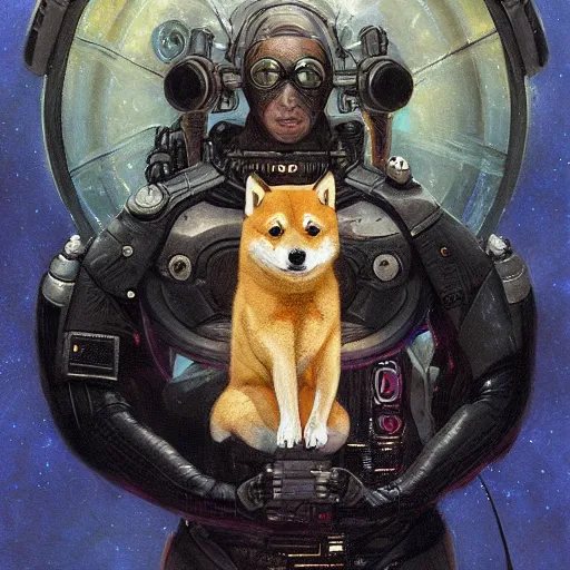 Image similar to lotus pose, anthropomorphic shiba inu, realistic scifi cyberpunk, wearing for man ukrainian traditional black vyshyvanka clothes, portrait art by donato giancola and greg rutkowski, realistic face, digital art, trending on artstation, symmetry