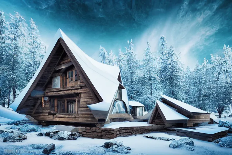 Image similar to futuristic cottage settlement with in the forest on the foot of the Elbrus mountain mountain covered by snow, architecture, matte painting, high details