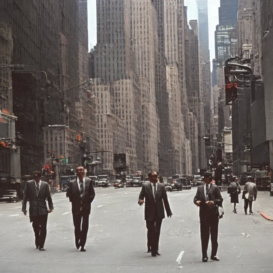 Image similar to a couple of men walking down a street next to tall buildings in new york, 1 9 6 0 s, colour film street photography, photo taken with ektachrome, featured on flickr, film grain