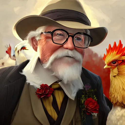 Image similar to closeup of Colonel Sanders getting married to a chicken, modern setting, intricate, elegant, highly detailed, digital painting, artstation, concept art, matte, sharp focus, illustration, hearthstone, art by Artgerm and Greg Rutkowski and Alphonse Mucha