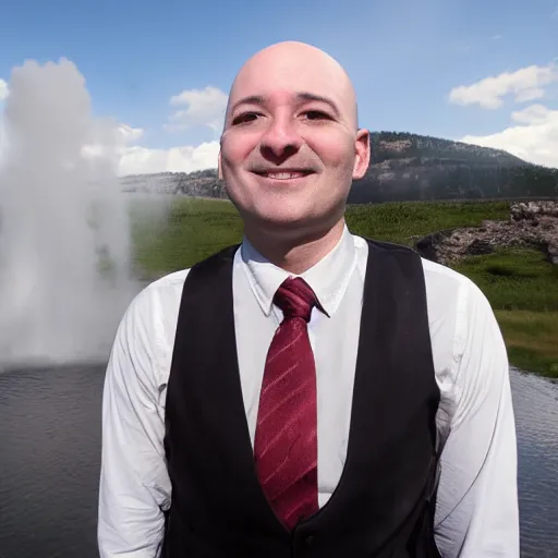 Image similar to a balded man surrounded by water geysers