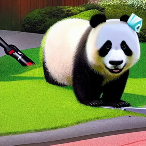 Prompt: a panda is mowing the lawn with a mowing machine, pixar