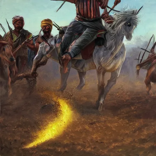 Prompt: portrait, single bangla farmer fighting, hand to hand combat with machete, full body view, long flowing hair, deathmatch, glowing eyes, horseback combat attacker foreground, islamic revolution, mongolian invasion of iraq, invading army background, classicism artstyle, sharp brushstrokes