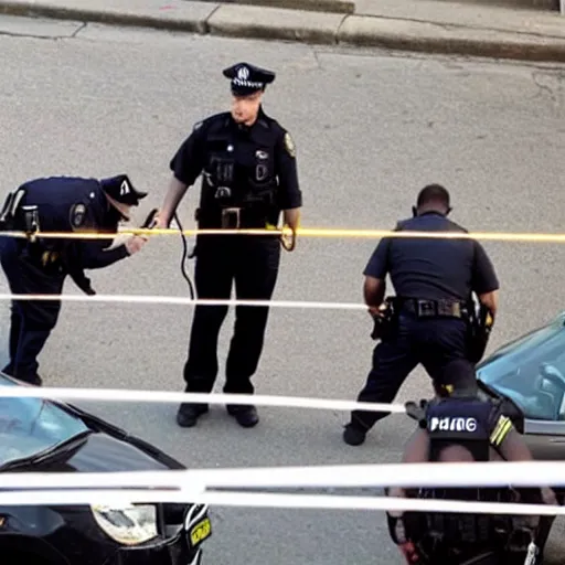 Image similar to A black cat being arrested by the police, with handcuffs being put on his paws