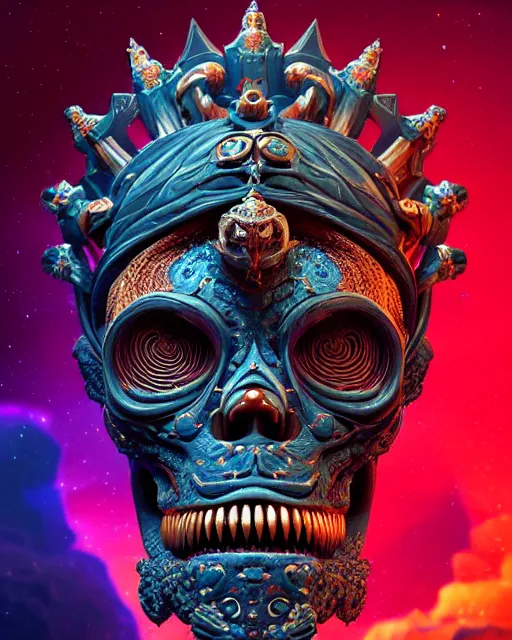 Image similar to 3 d ornate carved dark cosmic king with tattoos profile portrait, sigma 5 0 0 mm f / 5. beautiful intricate highly detailed quetzalcoatl skull. bioluminescent, plasma, lava, ice, water, wind, creature, thunderstorm! artwork by tooth wu and wlop and beeple and greg rutkowski, 8 k trending on artstation