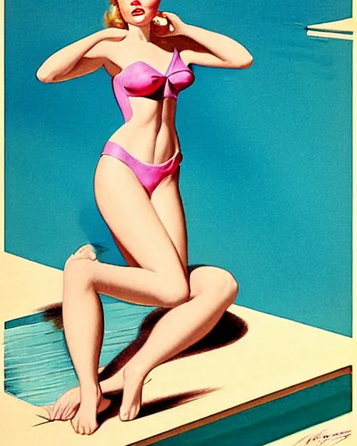 Image similar to tuesday weld swimming in a pink bikini, tuesday weld half immersed in water in a palm springs midcentury swimming pool by gil elvgren, by mort kunstler, by robert maguire