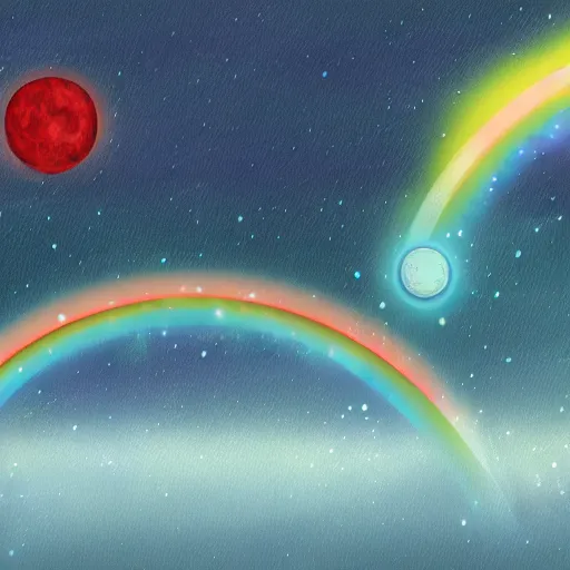 Prompt: Digital painting of a futuristic alien world with 3 moons and a rainbow haze