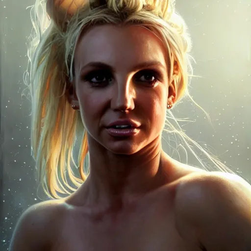 Image similar to a hyper - realistic character concept art portrait of britney spears, depth of field background, artstation, award - winning realistic sci - fi concept art by jim burns and greg rutkowski, beksinski, a realism masterpiece, james gilleard, bruegel, alphonse mucha, and yoshitaka amano.