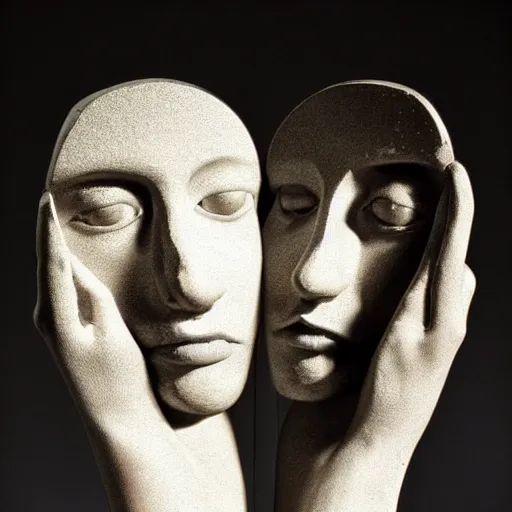 Image similar to surrealism sculpture by enrico ferrarini, the double shadow of a person divided