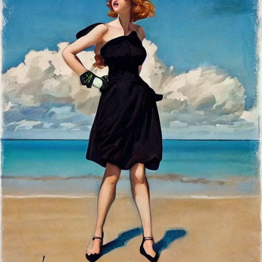 Image similar to woman in black dress in the middle of the beach, fashion art, leyendecker style