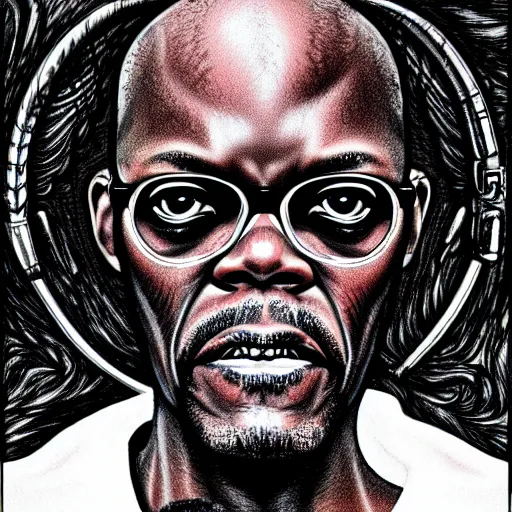 Prompt: samuel l jackson, hyper detailed, in the style of h. r. giger and junji ito and h. r. giger, selfie