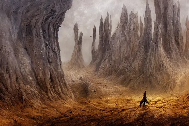 Image similar to amazing concept painting of the Valley of Dry Bones, by Jessica Rossier and HR giger and Beksinski, prophecy, hallucination, the middle of a valley; it was full of bones, bones that were very dry, there was a noise, a rattling sound, and the bones came together, bone to bone , I looked, and tendons and flesh appeared on them and skin covered them, but there was no breath in them and breath entered them, they came to life and stood up on their feet a vast army