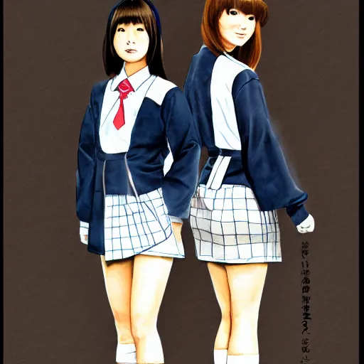 Prompt: a perfect, realistic professional digital sketch of two hyperrealistic Japanese schoolgirls posing, in style of Marvel, full length, by pen and watercolor, by a professional American senior artist on ArtStation, a high-quality hollywood-style sketch, on high-quality paper