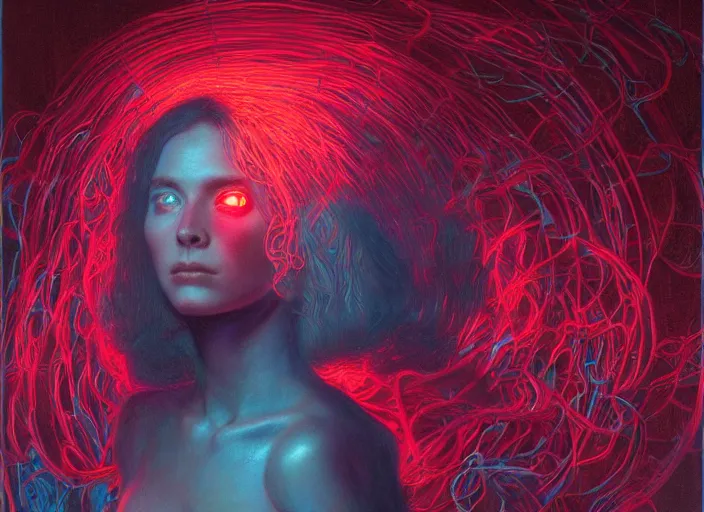 Prompt: Portrait Masterpiece, Wanda Maximoff, furious, red and cyan, glowing, wires everywhere, by Edgar Maxence and Ross Tran, Zdzisław Beksiński, and Michael Whelan, distant, gustav dore, H.R. Giger, 8k, octane render