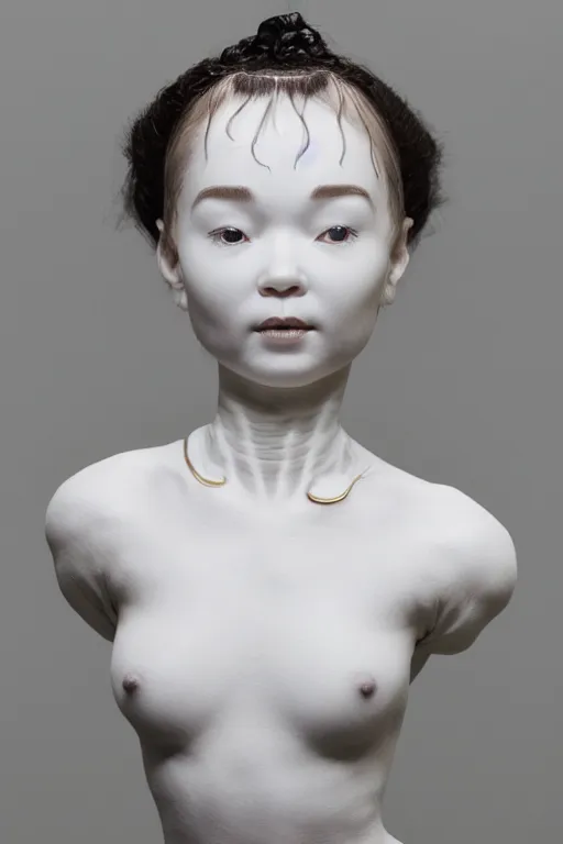 Image similar to full head and shoulders, realistic bjork porcelain ballerina sculpture, smooth, delicate facial features, white eyes, white lashes, detailed white, lots of 3 d gold chinese dragons anatomical, all white features on a white background, by daniel arsham and james jean