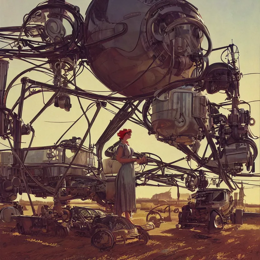 Image similar to a woman driving a flying steampunk retrofuturistic tractor on farm, by syd mead and norman rockwell. highly detailed digital art. retrofuturism. beautiful lighting. trending on artstation.