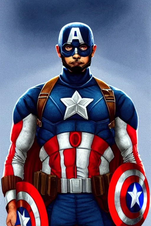 Prompt: Narendra Modi as Captain America, claws are up, red and blue Captain America costume, Narendra Modi hairstyle and beardstyle, calm, grumpy, portrait, masculine figure, highly detailed, digital painting, artstation, concept art, smooth, sharp focus, illustration, cinematic lighting, art by artgerm and greg rutkowski and alphonse mucha