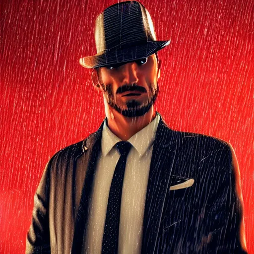 Image similar to stylish man cartoon portrait made out of rain, pinstripe suit, cyberpunk background, rendered in octane, unreal engine, highly detailed, trending on artstation, realistic, neon, beautiful, volumetric lighting, depth of field