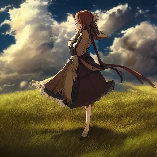 Prompt: steampunk angle, serious, extremely detailed, made by wlop and studio ghibli, cinematic lighting, full body portrait, illustration, grass, sunny, clouds, sky, anime, side view,