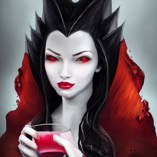 Image similar to portrait of beautiful vampire lady drinking from a goblet of blood, fantasy illustration trending on artstation