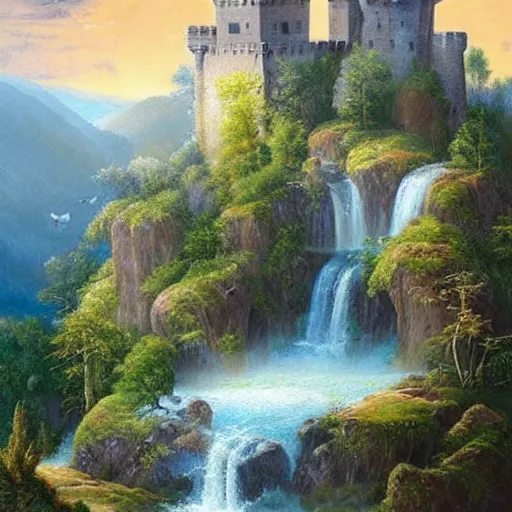 Image similar to romanticism landscape painting portraying a castle built on top of a singular mountain peak with its moat turning into waterfalls,beautiful scenery