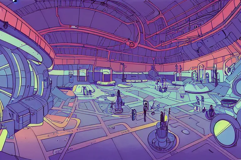 Prompt: a scifi illustration, factory interior. parallax birds eye view. fisheye. vats of fluid. flat colors, limited palette in FANTASTIC PLANET La planète sauvage animation by René Laloux