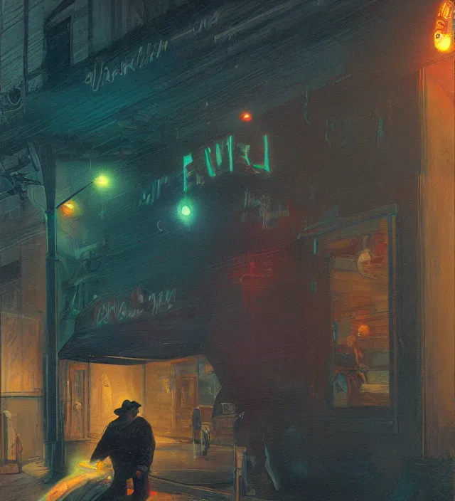 Prompt: foggy neon night, eric cartman leaning back against a wall smoking a cigarette outside a neon lit entrance, 1 9 7 0 s, intricate, moody, tasteful, intimate, highly detailed, short focus depth, artgerm, donato giancola, joseph christian leyendecker