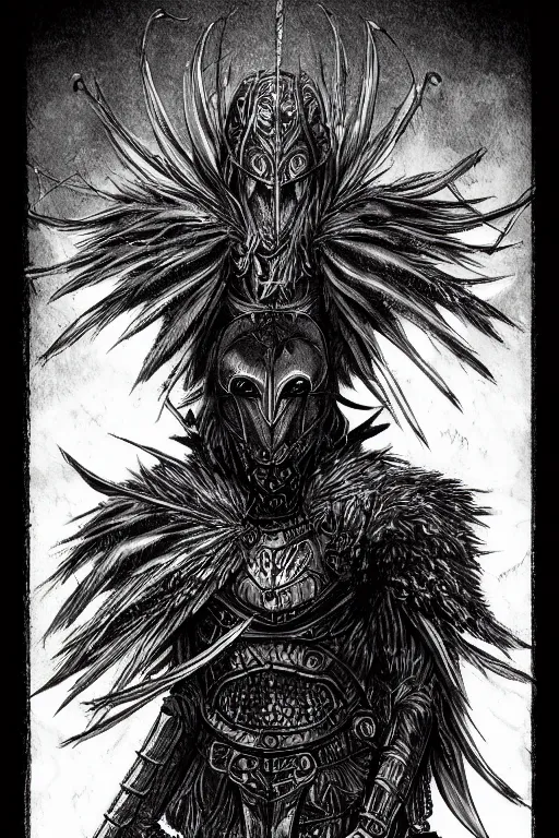 Image similar to armoured raven humanoid monster, crows feet, symmetrical, highly detailed, digital art, black feather armour, sharp focus, trending on art station, kentaro miura manga art style