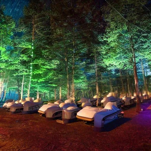 Image similar to cybernetic sleeping pods, diverse humans sleeping individual healing pods, humans sleeping in healing pods, wide wide angle, night, elaborate, forest, highly detailed, dim lighting