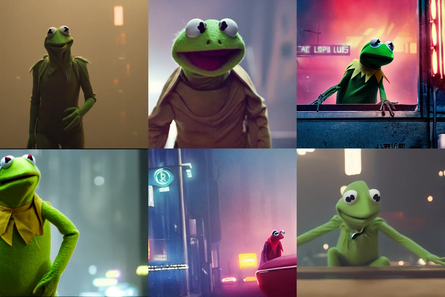 Prompt: A still of Kermit the frog in Blade Runner 2049