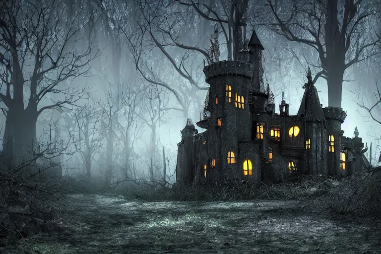 Prompt: a halloween castle inside of a creepy forest. cinematic lighting. photorealism.