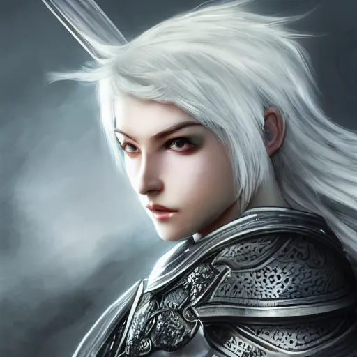 Prompt: Sacred white-haired female knight, beautiful dynamic lighting, close-ups, extremely high detail, photo realism, 3D, film lighting, post-processing, concept art, art station, matte painting, Tsubasa Nakai's style