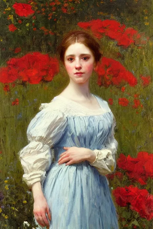 Prompt: Solomon Joseph Solomon and Richard Schmid and Jeremy Lipking victorian genre painting portrait painting of an elegant slim young cottagecore girl in an open field of flowers, red background