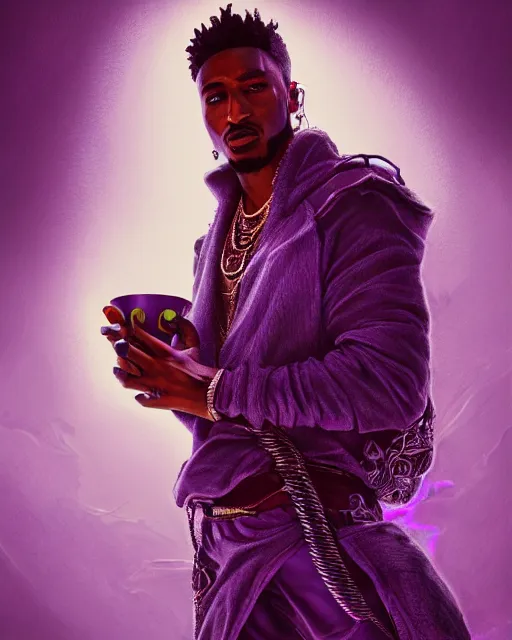 Image similar to future the rapper holding cup of codeine, accurate details, detailed face, purple liquid in cup glowing, fantasy, dramatic, intricate, elegant, highly detailed, digital painting, artstation, concept art, smooth, sharp focus, illustration, art by Gustave Dore, octane render