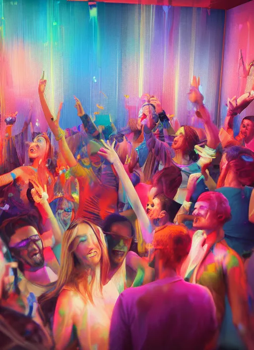 Prompt: Detailed vivid photo of happy, kind, exuberant people riot-partying in virtual urban warehouse, dreamy soft neon lights, 3d octane render, film look, realistic, photo, detailed, patriotic, highly detailed, sharp focus, leica, zeiss, kodak film look, digital illustration, digital painting, concept art, hyper detailed, illustration, fantasy, art by artgerm and greg rutkowski and alphonse mucha, dynamic lighting, art by peter mohrbacher on artstation, night mood, Moebius, Greg Rutkowski, Zabrocki, Karlkka, Jayison Devadas, Phuoc Quan, zenith view, cyberpunk pincushion lens effect