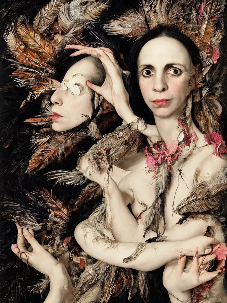Image similar to Detailed maximalist stunning portrait of PJ Harvey with cracked porcelain skin, dark doe eyes, feathers and milks, HD mixed media, 3D collage, highly detailed and intricate, masterpiece, award-winning, surreal illustration in the style of Caravaggio, dark art, baroque
