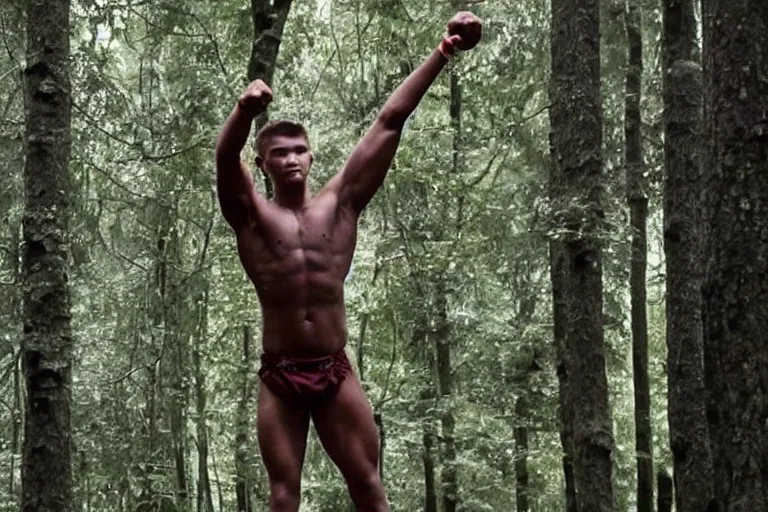 Prompt: sixteen year old man left to die in the forest by his herculean gigachad spartan bodybuilder father,