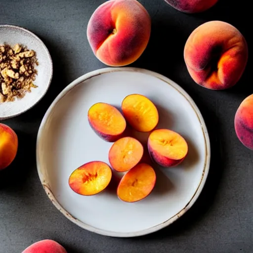 Image similar to girl in the background, table and plate of peaches in the foreground,