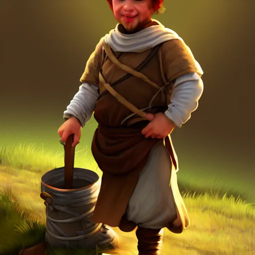 Image similar to medieval peasant boy talking to blacksmith, artstation, fantasy